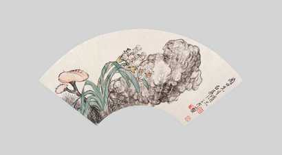 沈澄 水仙灵芝 扇面
